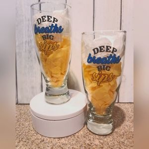 PILSNER GLASS SET of 2 NWT Says Deep Breaths Big Sips 14.5 oz